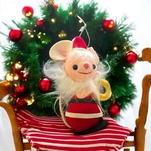 Vintage Homemade Christmas Tree Ornament Felt Covered Santa Mouse-1969 4" tall